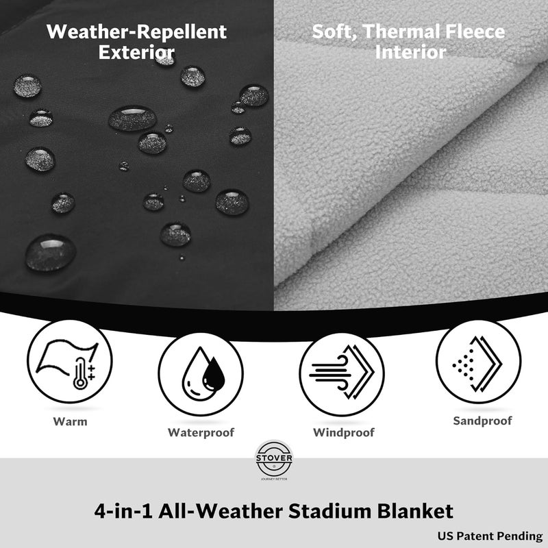 STOVER Large Waterproof Outdoor Stadium Blanket– Extra Thick Soft Fleece Camping Blanket for Travel, Picnics, Sports, Dogs– 79"x55", Warm, Windproof, Sand-Proof, Lightweight, Packable (Onyx Black) - Image 2